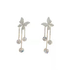 Fashion Jewelry Shiny Butterfly Rhinestone Drop Dangle Earrings Women Elegant Long Pearl Tassel Chain Pendant Party Jewelry